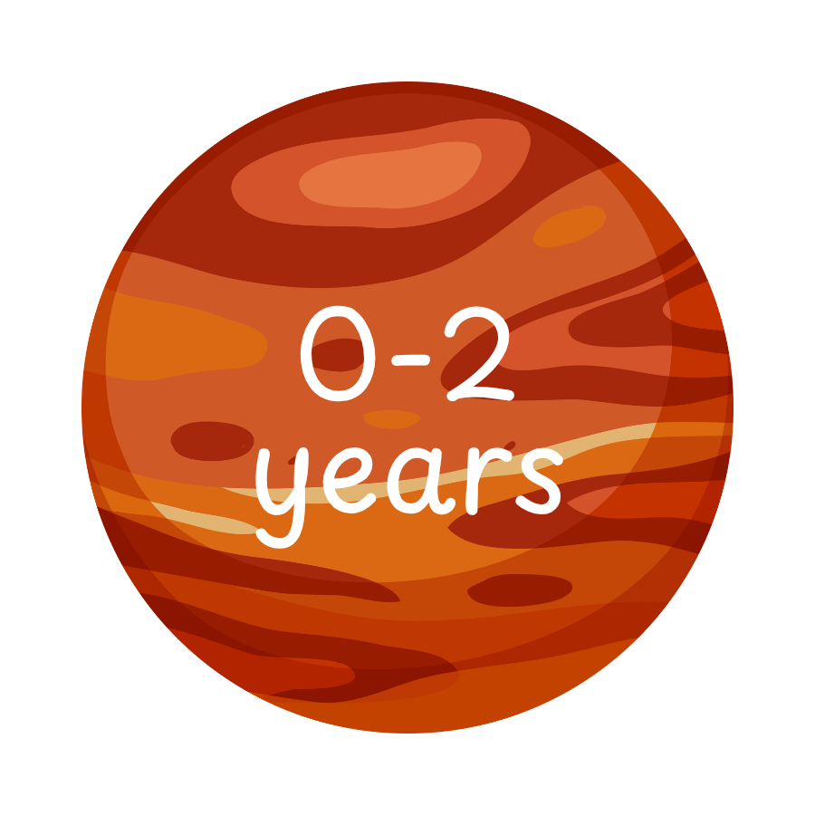 A circular graphic with a stylized orange and red planet illustration and the text '0-2 years' in white, shown on a black background.