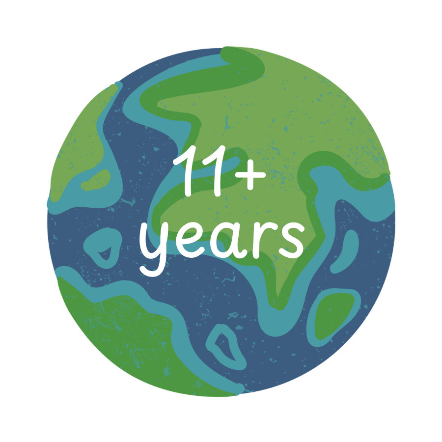 A circular globe-style graphic with green and blue landmasses and the text '11+ years' in white, centered on a light gray background.