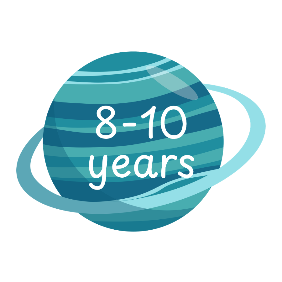 A stylized planet graphic with a light blue ring and the text '8-10 years' in white, centered on a light gray background.