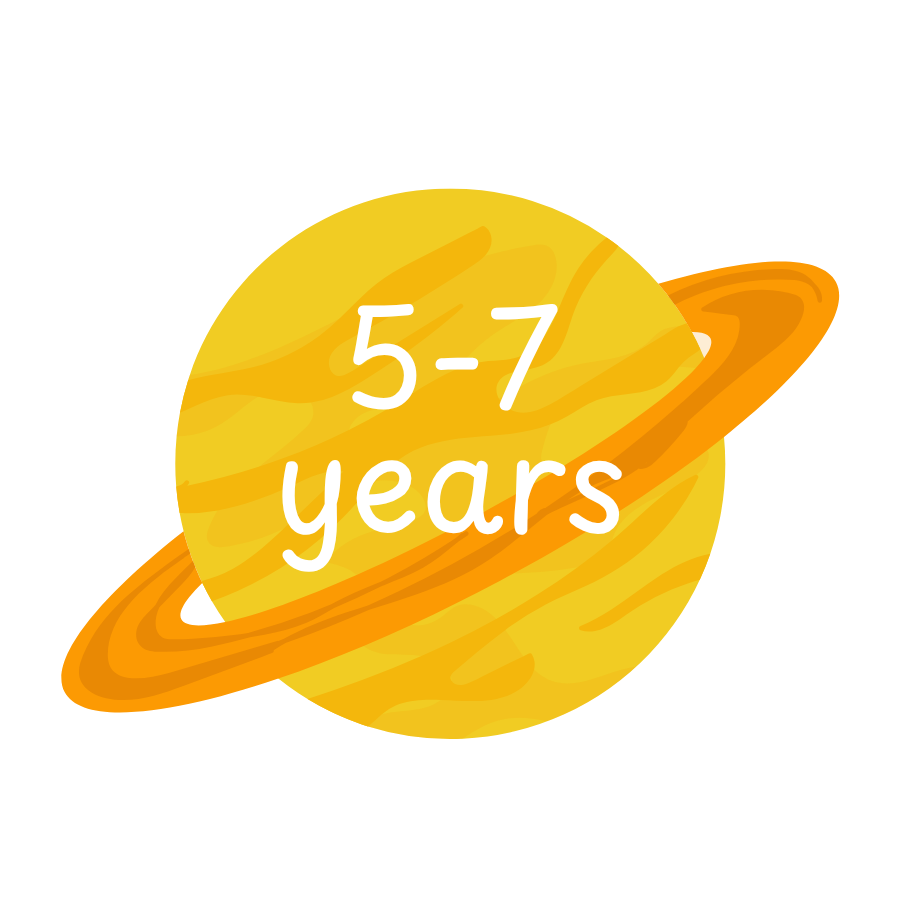 A cartoon-style yellow planet with an orange ring and the text '5-7 years' in white, centered on a light gray background.